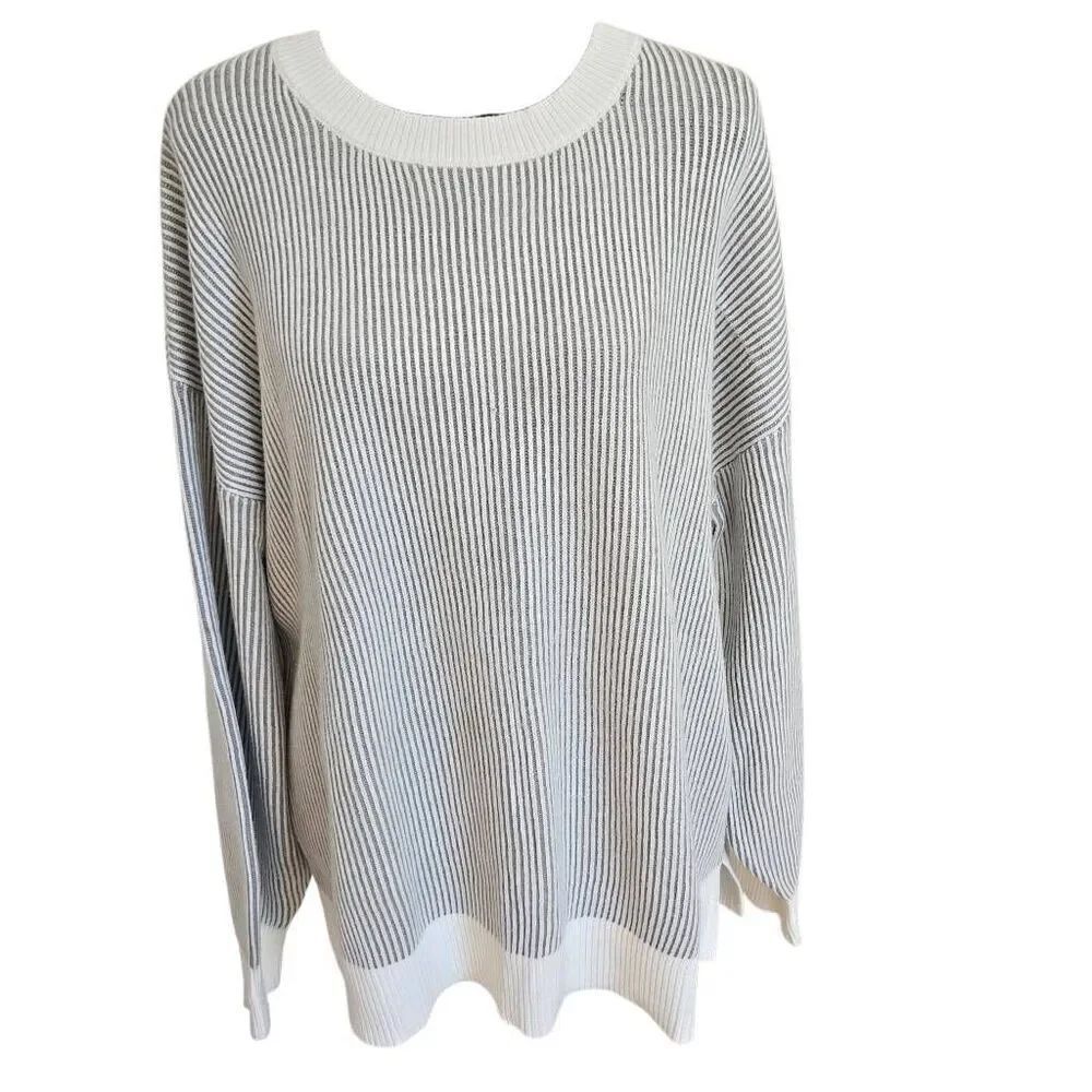 Merokeety Womens Ribbed Classic & Comfy Ribbed Pullover Sweater Gray White Large
